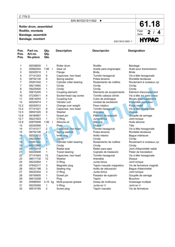 Bomag C 778 D Tandem Vibratory Roller Spare Parts Catalogue 00818927-2