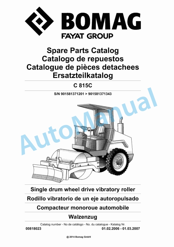 Bomag C 815C Single Drum Wheel Drive Vibratory Roller Spare Parts Catalogue 00818023