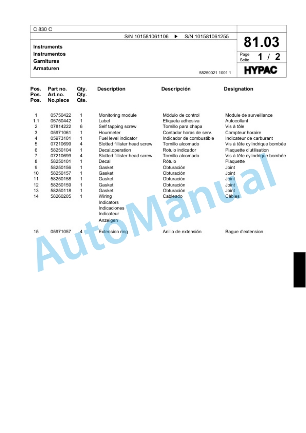 Bomag C 830 C Single Drum Wheel Drive Vibratory Roller Spare Parts Catalogue 00817586-2