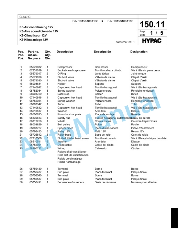 Bomag C 830 C Single Drum Wheel Drive Vibratory Roller Spare Parts Catalogue 00817586-3