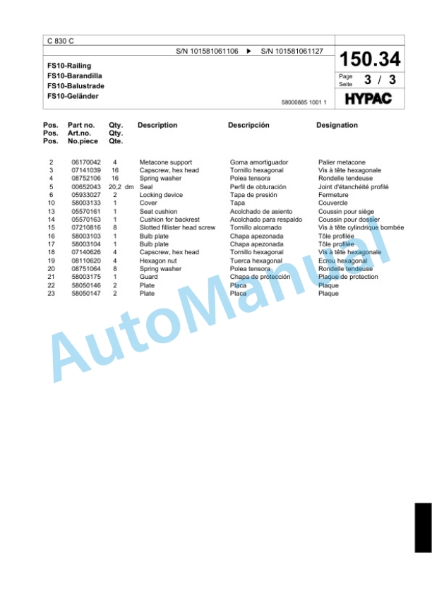 Bomag C 830 C Single Drum Wheel Drive Vibratory Roller Spare Parts Catalogue 00817586-4