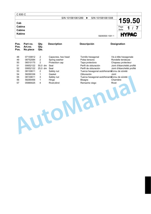 Bomag C 830 C Single Drum Wheel Drive Vibratory Roller Spare Parts Catalogue 00817586-5