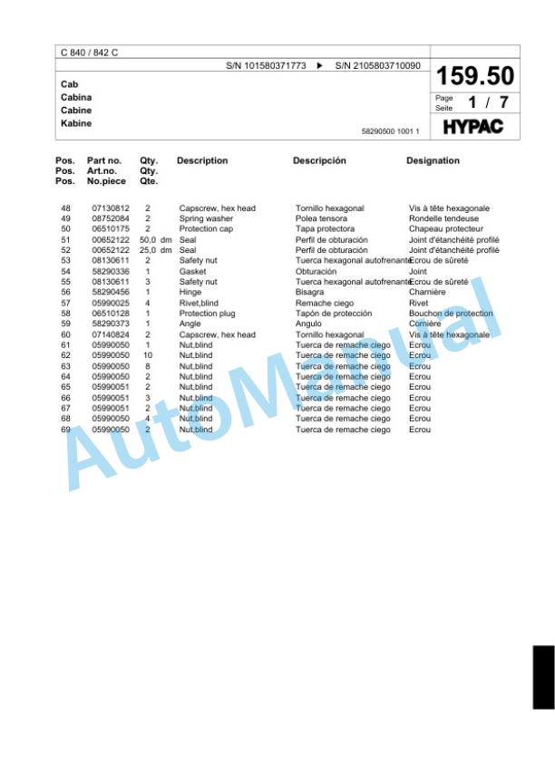 Bomag C 840 - 842 C Single Drum Wheel Drive Vibratory Roller Spare Parts Catalogue 00817581-4