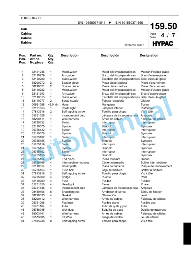 Bomag C 840 - 842 C Single Drum Wheel Drive Vibratory Roller Spare Parts Catalogue 00817581-5
