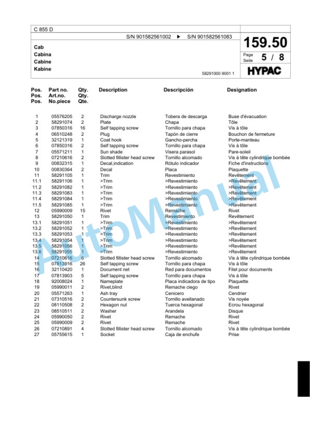 Bomag C 855 D Single Drum Wheel Drive Vibratory Roller Spare Parts Catalogue 00818419-5
