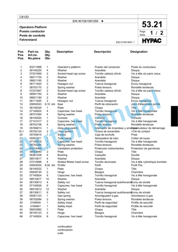 Bomag C812D Single Drum Wheel Drive Vibratory Roller Spare Parts Catalogue 00818313-2