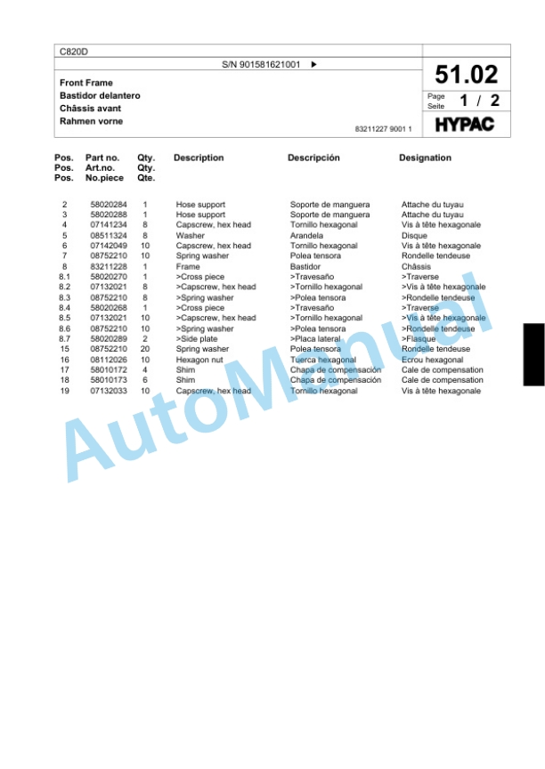 Bomag C820D Single Drum Wheel Drive Vibratory Roller Spare Parts Catalogue 00818937-2