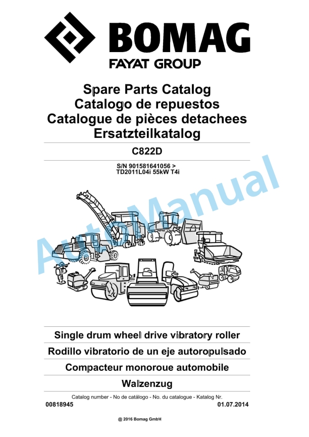 Bomag C822D Single Drum Wheel Drive Vibratory Roller Spare Parts Catalogue 00818945