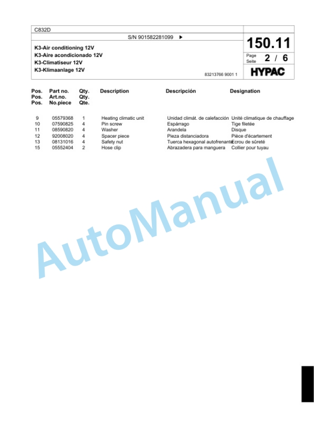 Bomag C832D Single Drum Wheel Drive Vibratory Roller Spare Parts Catalogue 00818585-3