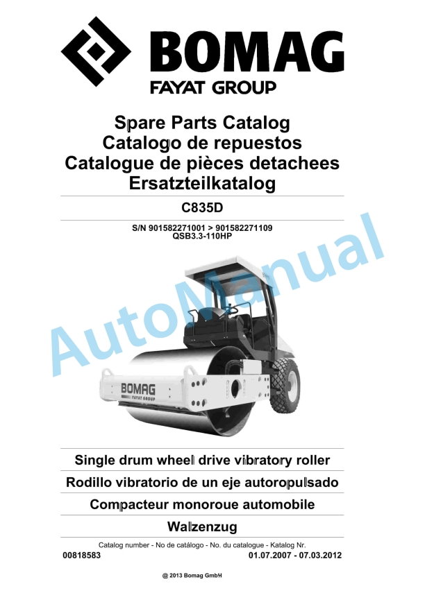 Bomag C835D Single Drum Wheel Drive Vibratory Roller Spare Parts Catalogue 00818583