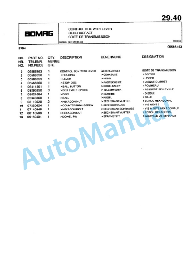Bomag Control Box with Lever Spare Parts Catalogue 00817725-3