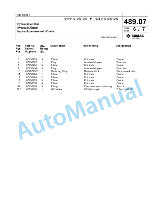 Bomag CR 1030 T Paver Spare Parts Catalogue 00825489-5