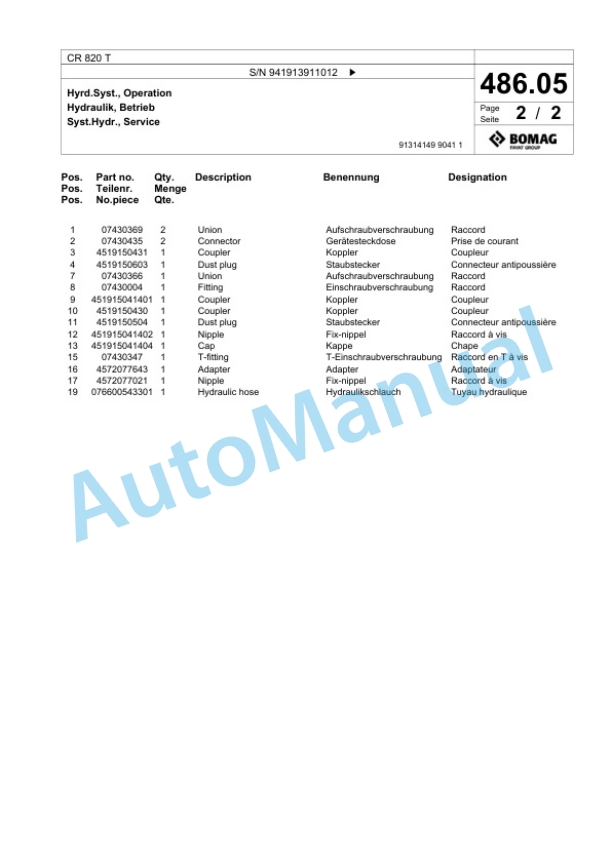 Bomag CR 820 T Paver Spare Parts Catalogue 00826147-5