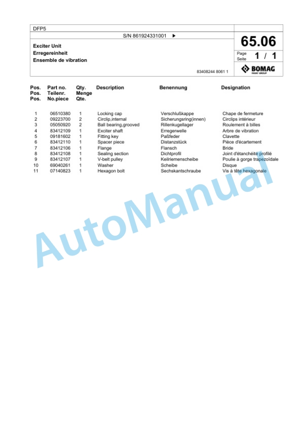 Bomag DFP5 Vibratory Plate Compactor Spare Parts Catalogue 00825745-4