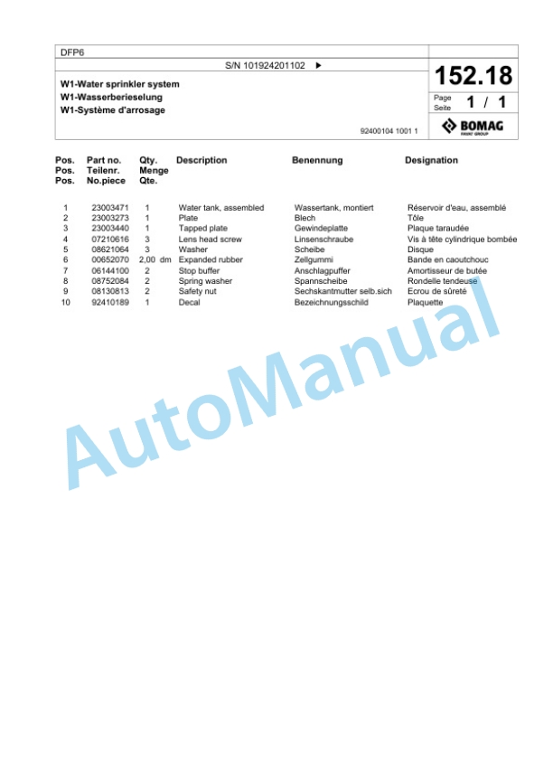Bomag DFP6 Vibratory Plate Compactor Spare Parts Catalogue 00825415-5