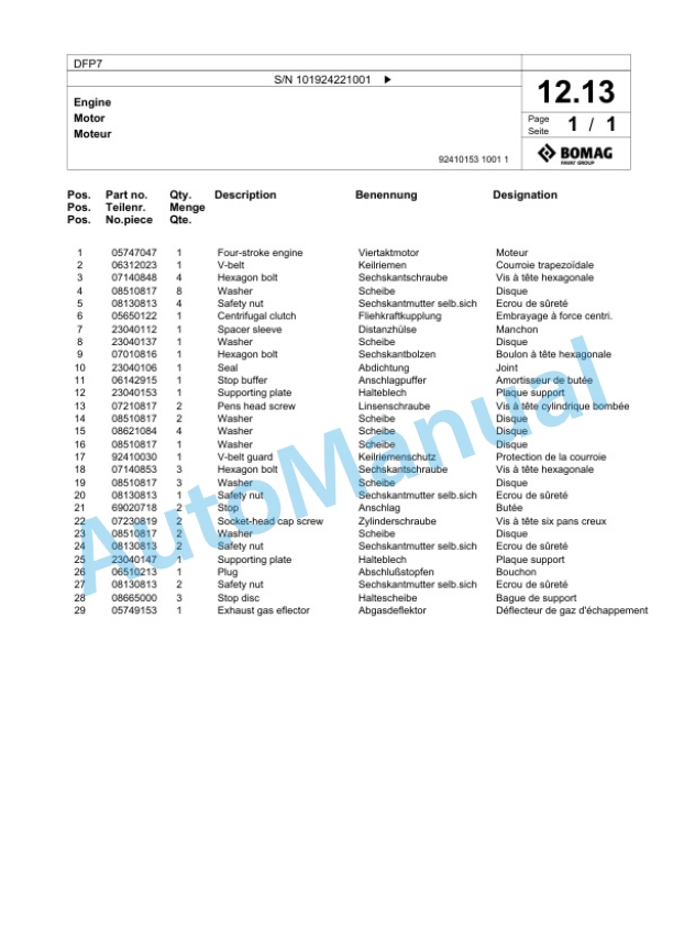 Bomag DFP7 Vibratory Plate Compactor Spare Parts Catalogue 00825609-2