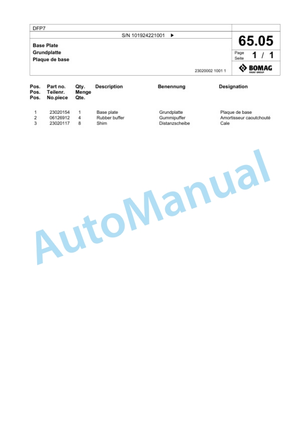 Bomag DFP7 Vibratory Plate Compactor Spare Parts Catalogue 00825609-3