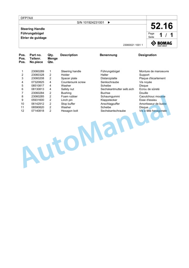Bomag DFP7AX Vibratory Plate Compactor Spare Parts Catalogue 00825417-2