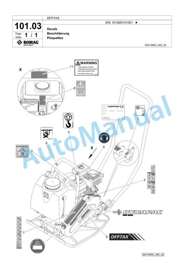 Bomag DFP7AX Vibratory Plate Compactor Spare Parts Catalogue 00827021-4
