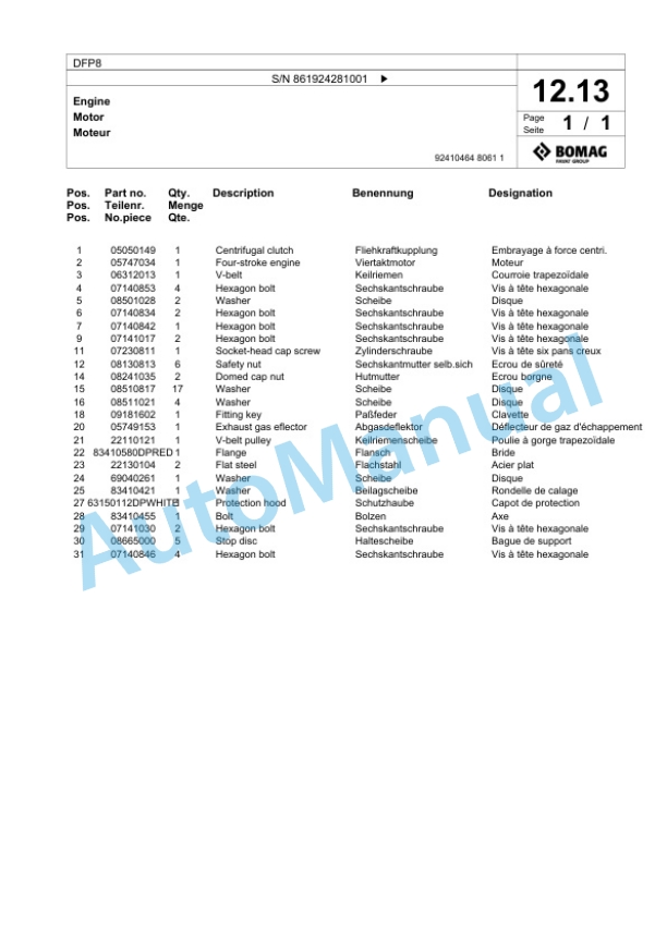 Bomag DFP8 Vibratory Plate Compactor Spare Parts Catalogue 00825445-2