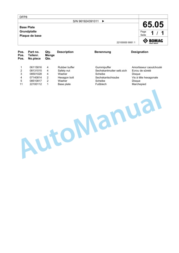 Bomag DFP8 Vibratory Plate Compactor Spare Parts Catalogue 00826249-3