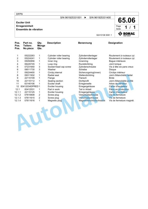 Bomag DFP9 Vibratory Plate Compactor Spare Parts Catalogue 00825981-3
