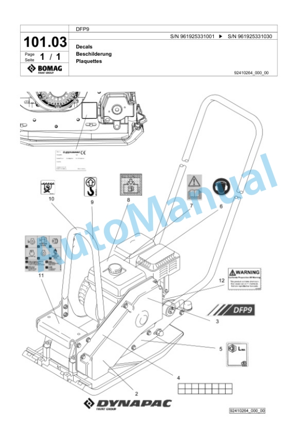 Bomag DFP9 Vibratory Plate Compactor Spare Parts Catalogue 00825981-5