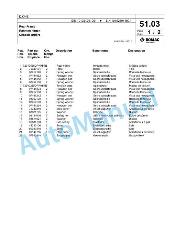 Bomag D.ONE Multi Purpose Compactor Spare Parts Catalogue 00827311-2