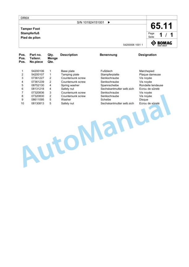 Bomag DR6X Vibratory Tamper Spare Parts Catalogue 00826887-5