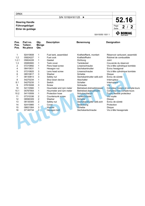 Bomag DR6X Vibratory Tamper Spare Parts Catalogue 00826889-3