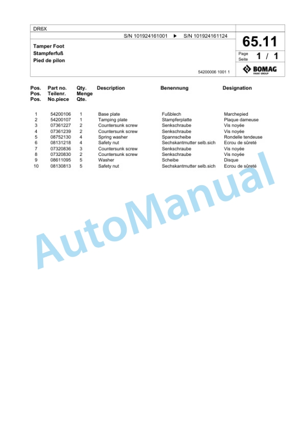Bomag DR6X Vibratory Tamper Spare Parts Catalogue 00826889-5