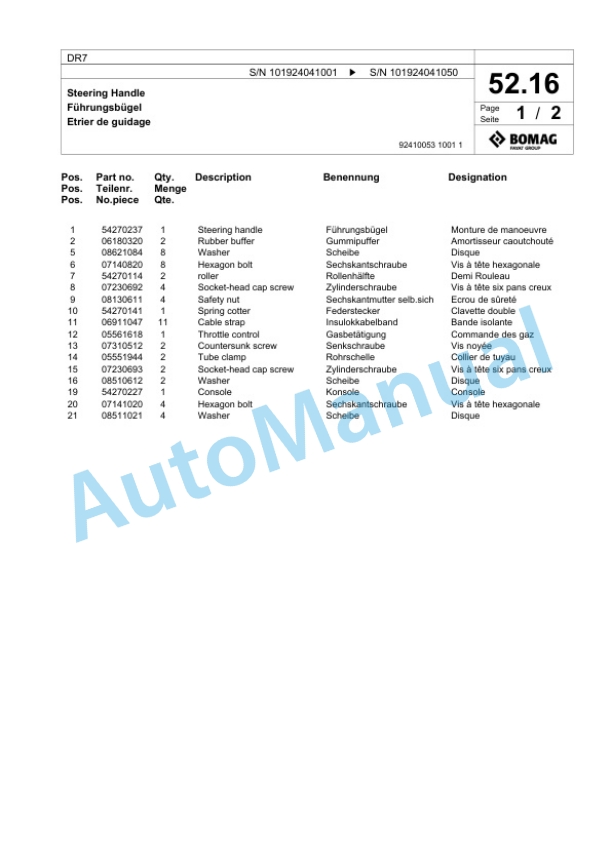 Bomag DR7 Vibratory Tamper Spare Parts Catalogue 00825391-3