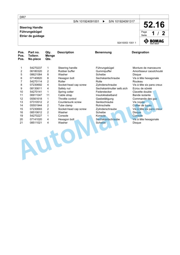 Bomag DR7 Vibratory Tamper Spare Parts Catalogue 00825587-3