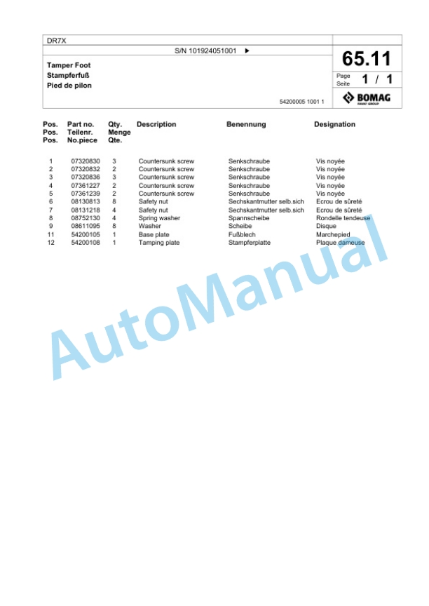 Bomag DR7X Vibratory Tamper Spare Parts Catalogue 00825411-4