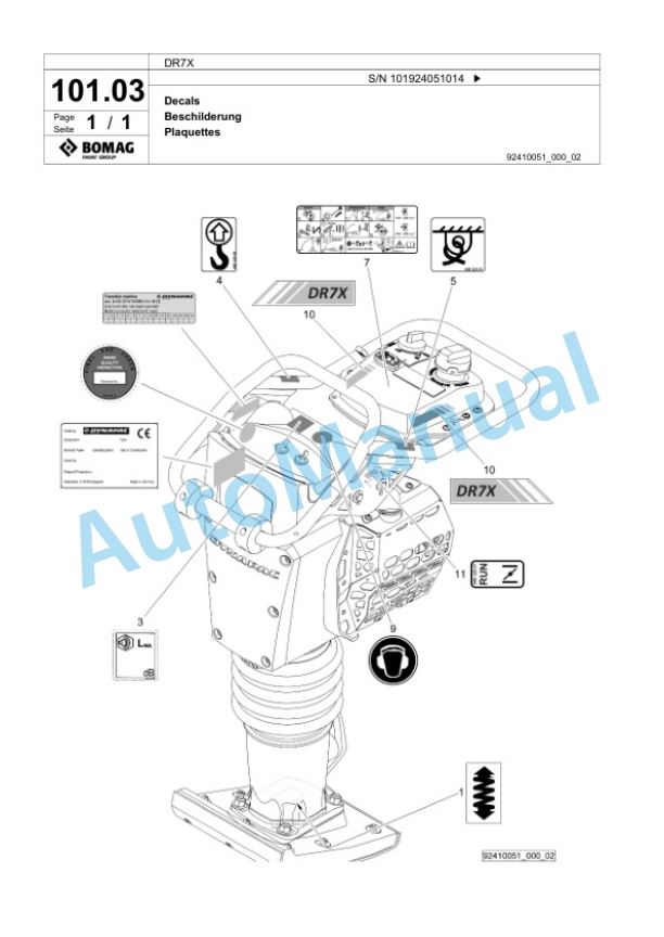 Bomag DR7X Vibratory Tamper Spare Parts Catalogue 00825411-5