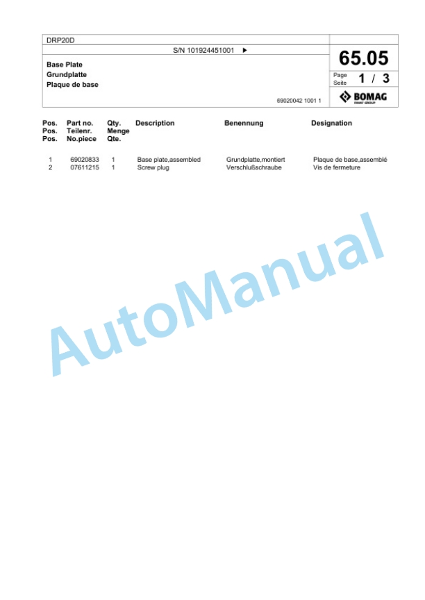 Bomag DRP20D Vibratory Plate Compactor Spare Parts Catalogue 00826107-4