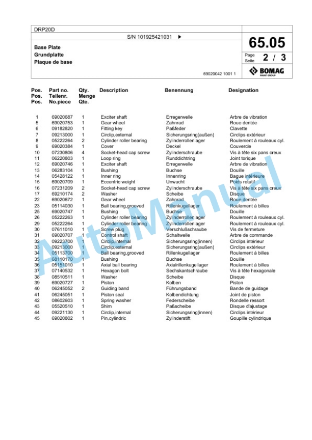 Bomag DRP20D Vibratory Plate Compactor Spare Parts Catalogue 00826527-4