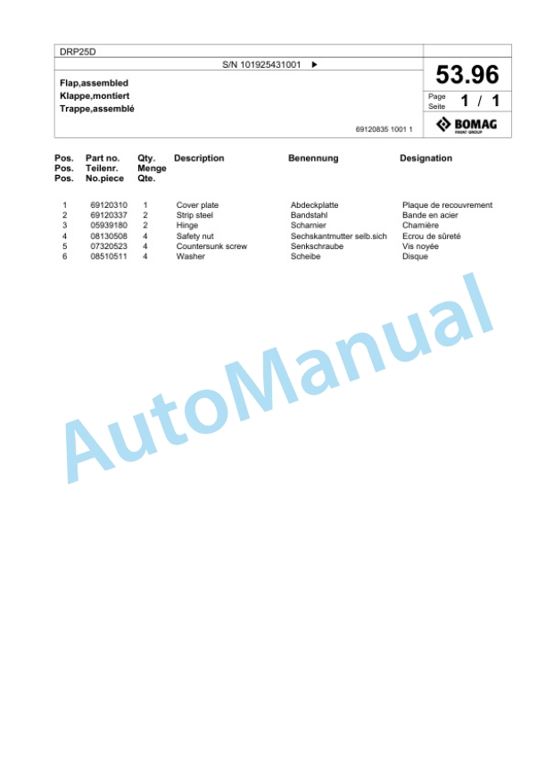 Bomag DRP25D Vibratory Plate Compactor Spare Parts Catalogue 00826529-3
