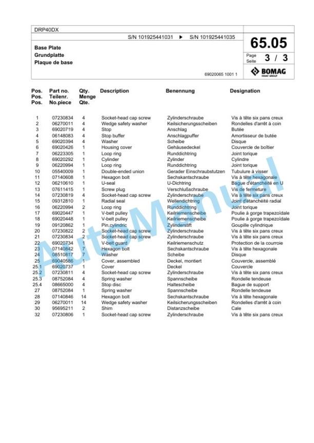 Bomag DRP40DX Vibratory Plate Compactor Spare Parts Catalogue 00826531-3