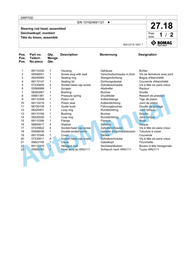 Bomag DRP70D Vibratory Plate Compactor Spare Parts Catalogue 00825947-2
