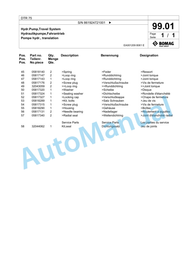 Bomag DTR 75 Double Vibratory Roller Spare Parts Catalogue 00825447-5
