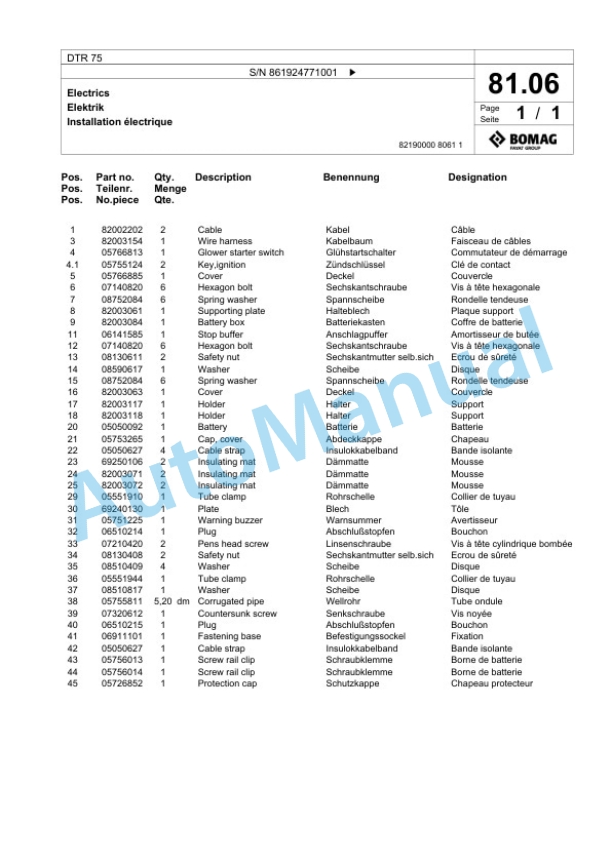 Bomag DTR 75 Double Vibratory Roller Spare Parts Catalogue 00825451-4