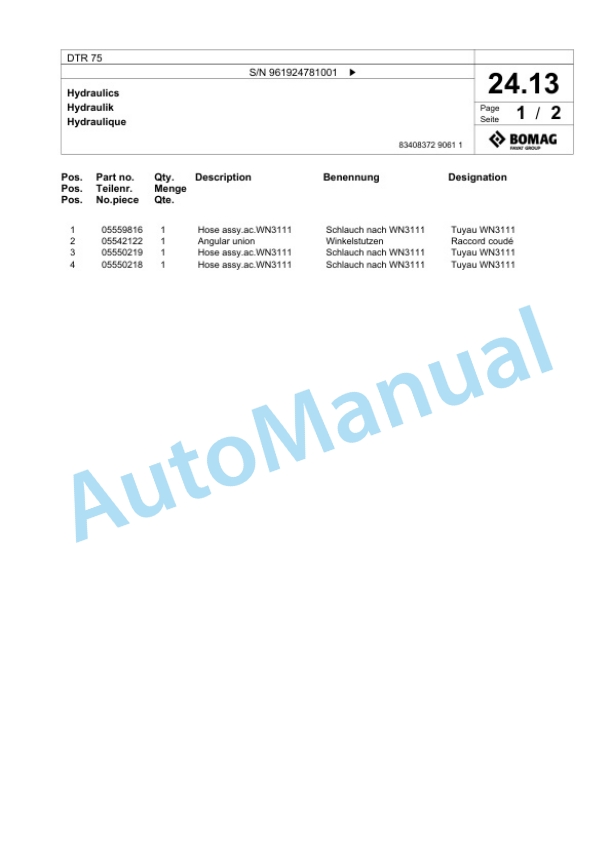 Bomag DTR 75 Double Vibratory Roller Spare Parts Catalogue 00826139-2