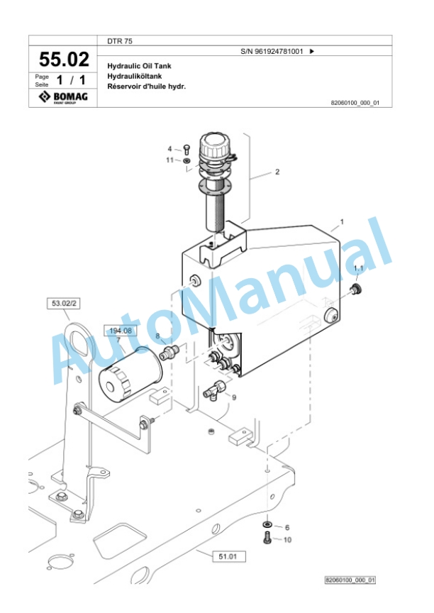 Bomag DTR 75 Double Vibratory Roller Spare Parts Catalogue 00826139-3