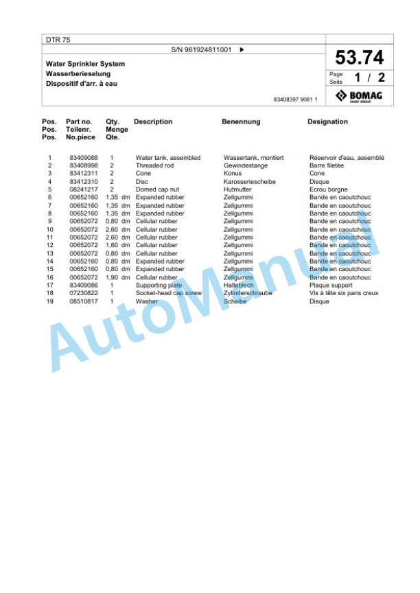Bomag DTR 75 Double Vibratory Roller Spare Parts Catalogue 00826589-2
