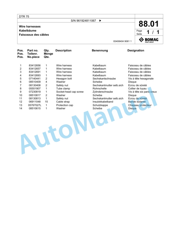 Bomag DTR 75 Double Vibratory Roller Spare Parts Catalogue 00826589-4