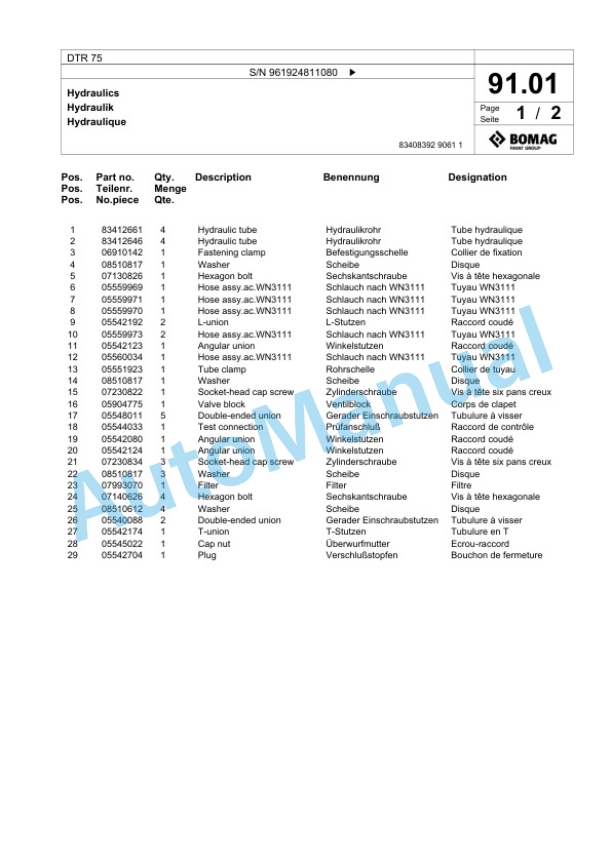 Bomag DTR 75 Double Vibratory Roller Spare Parts Catalogue 00826589-5