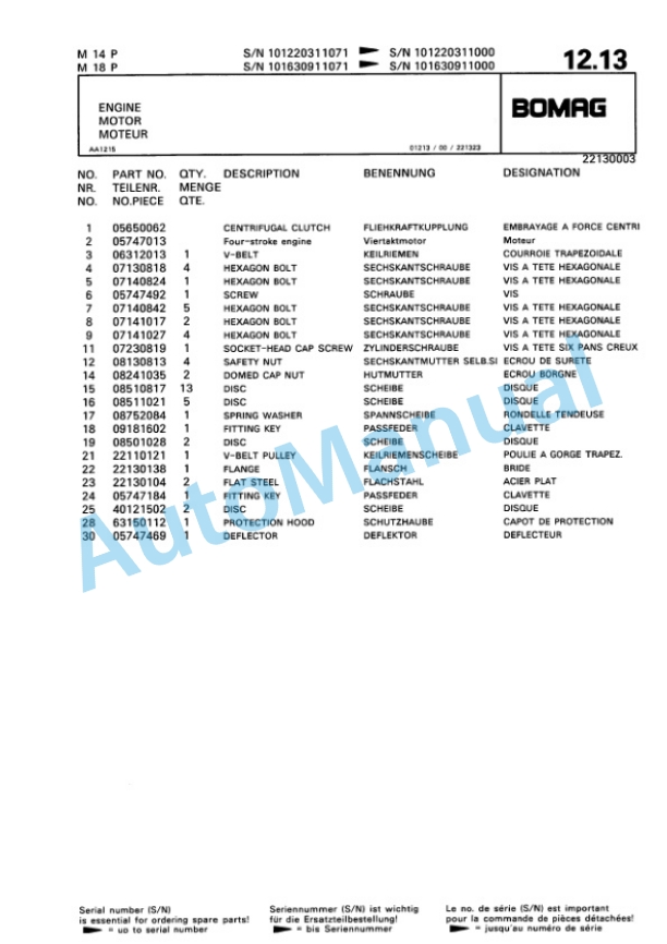 Bomag M14P, M18P Vibratory Plate Compactor Spare Parts Catalogue 00815001-3