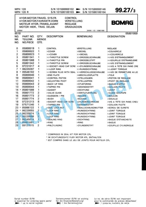 Bomag MPH 120 Soil Stabilizer - Asphalt Recycler Spare Parts Catalogue 00810083-3