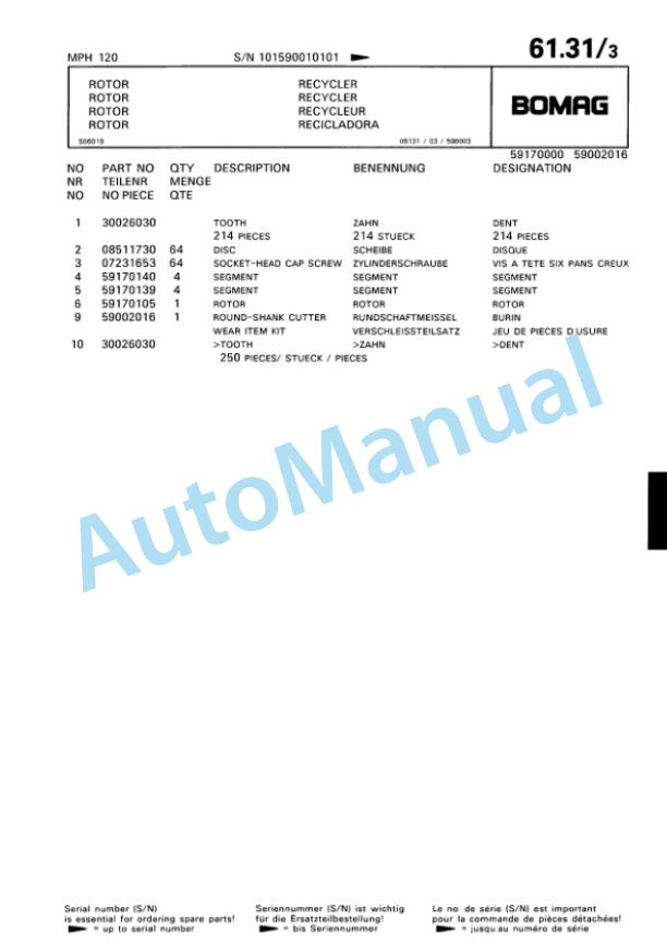 Bomag MPH 120 Soil Stabilizer - Asphalt Recycler Spare Parts Catalogue 00810183-2